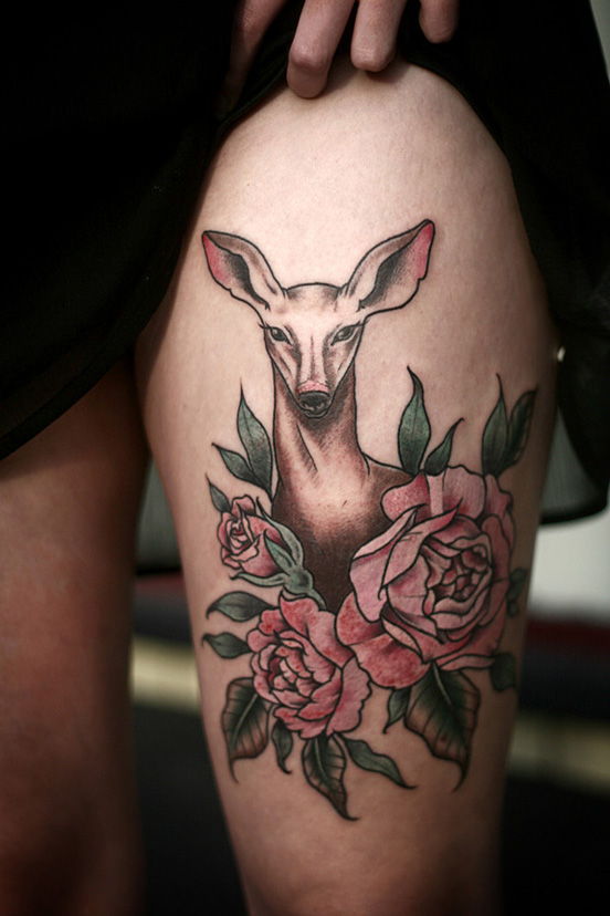 Rose Flowers And Cute Deer Tattoo On Left Thigh