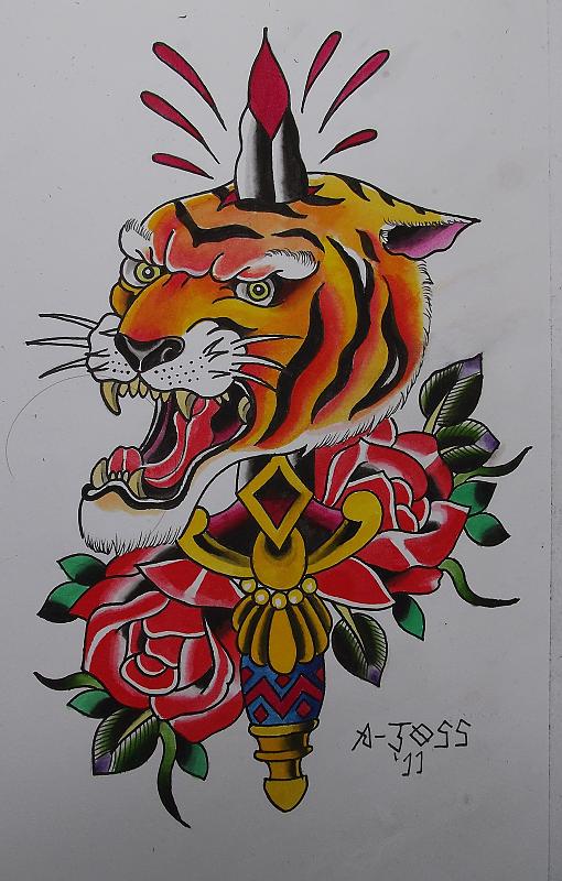Rose Flowers And Dagger Tiger Head Tattoo Design