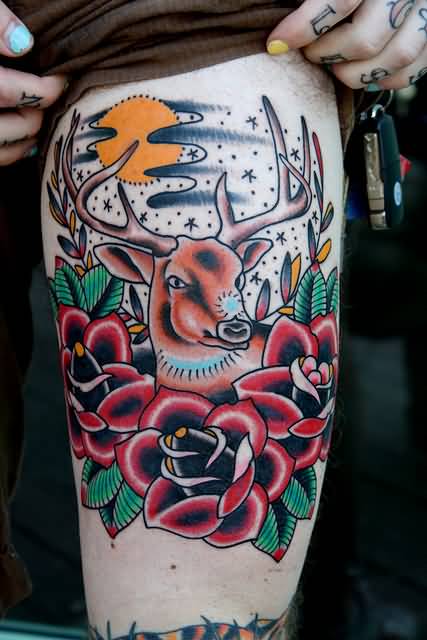 Rose Flowers And Deer Head Tattoo On Left Thigh