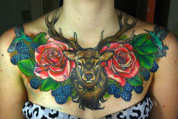 Rose Flowers And Deer Tattoo On Chest