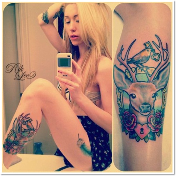 Rose Flowers And Deer Tattoo On Leg For Girls
