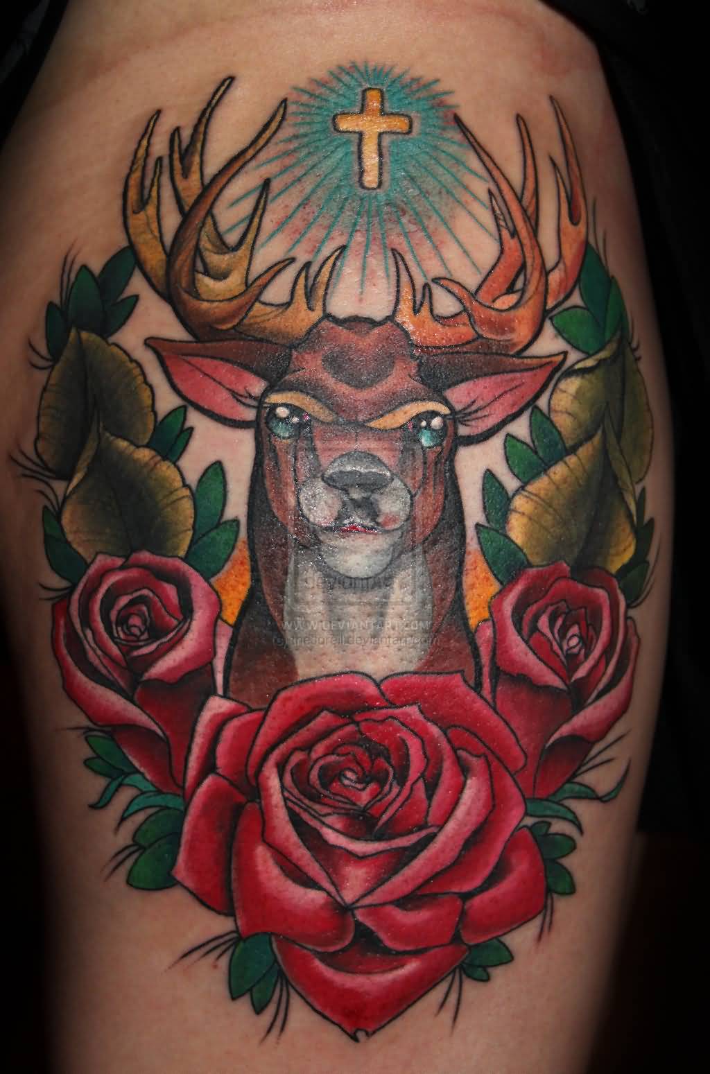 Roses And Traditional Deer Head Tattoo