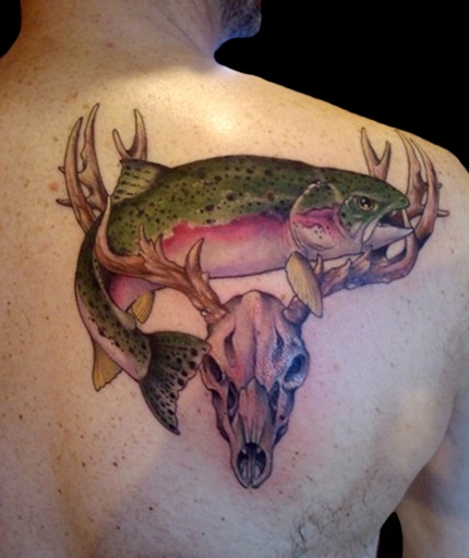 Salmon And Deer Antler Tattoos On Back Shoulder
