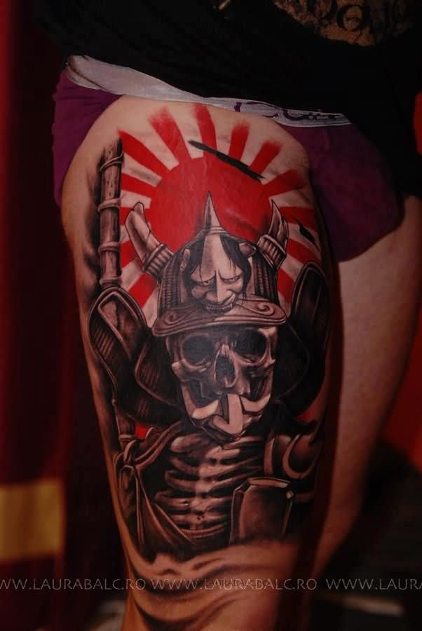 Samurai Skull Tattoo On Right Thigh