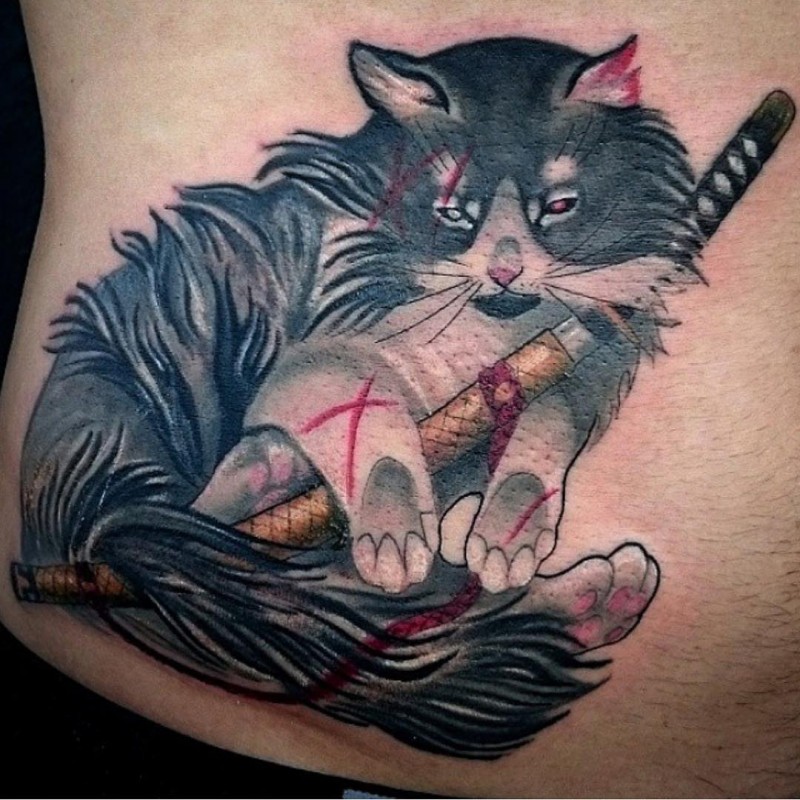 Samurai Sword With Cat Tattoo On Stomach