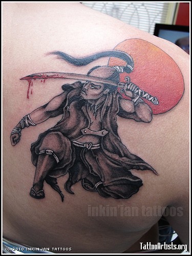 Samurai Warrior Tattoo On Right Back Shoulder