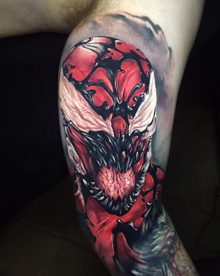 Scary Carnage Face Tattoo On Left Sleeve By Benjamin Laukis