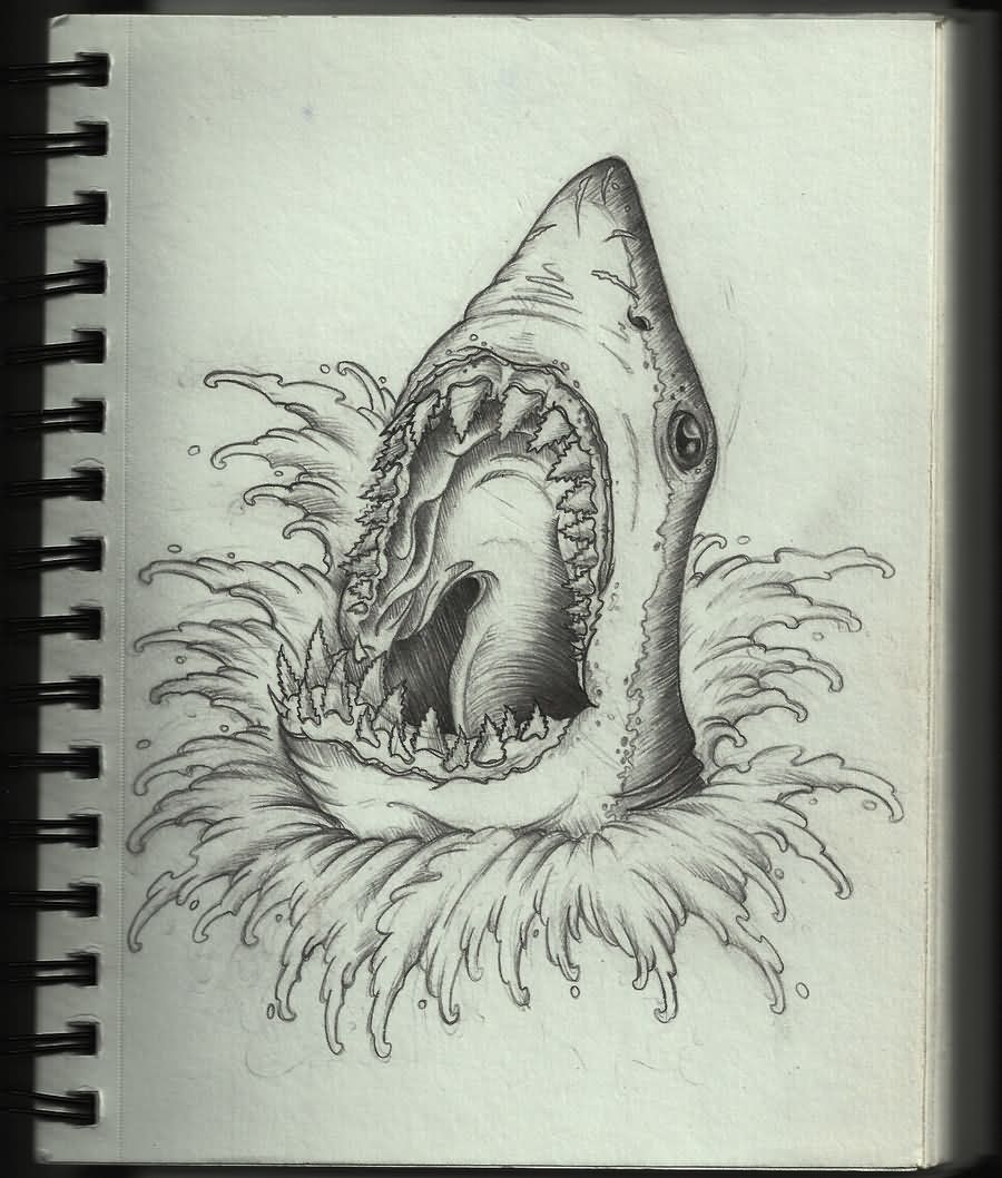 Scary Grey Ink Shark Head Tattoo Design By Aaron Frost