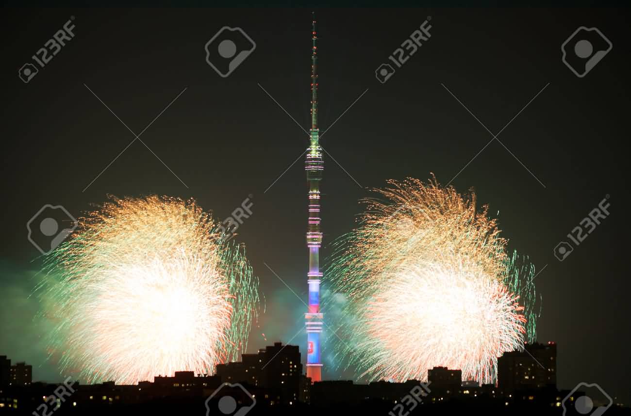 Scene With Fireworks And Ostankino Tower At Night In Moscoe