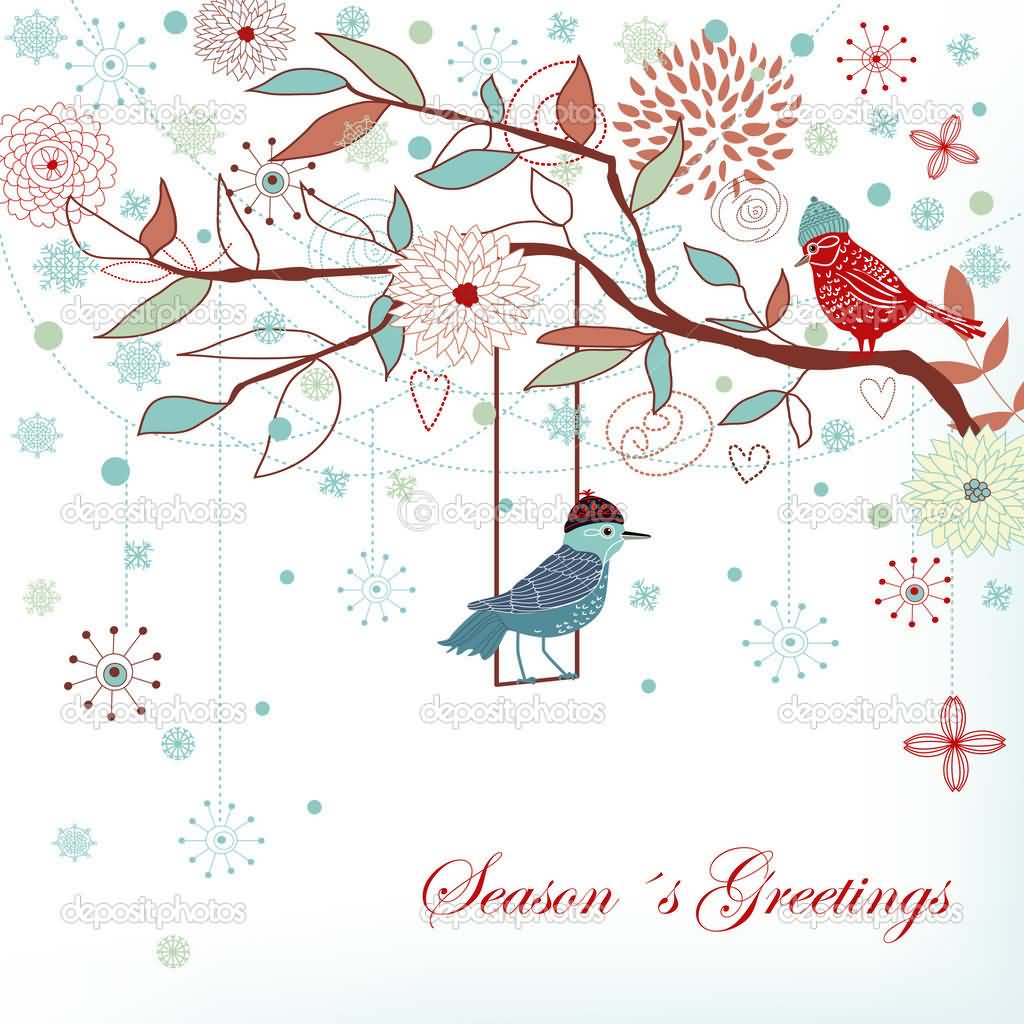 Season's Greetings Birds On Tree Picture