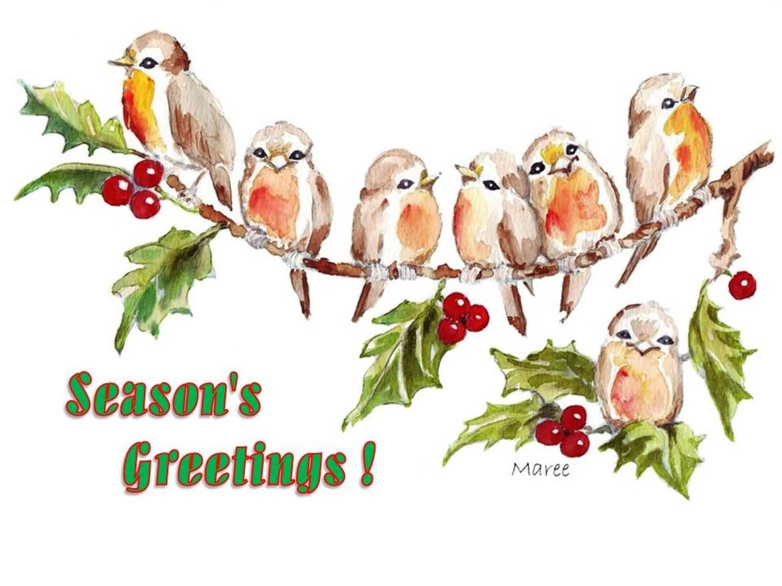 Season’s Greetings Birds Sitting On Tree Branch