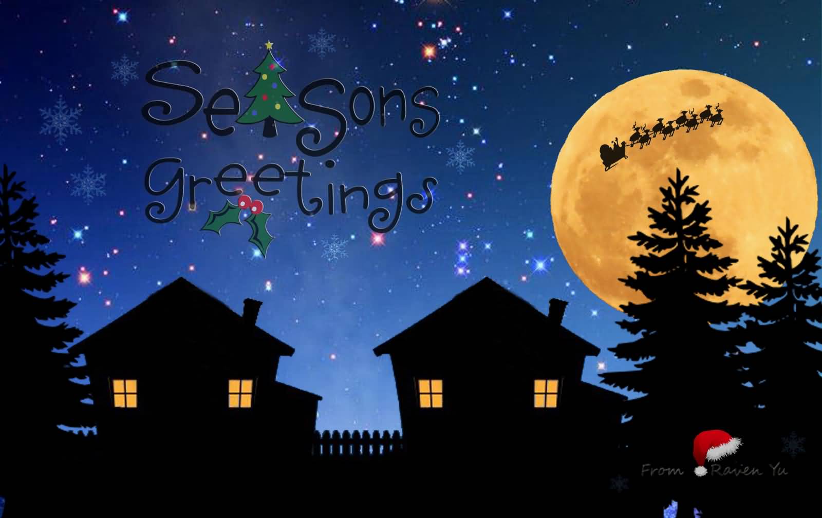 Season's Greetings Santa Claus On Sledge Passing From The Full Moon