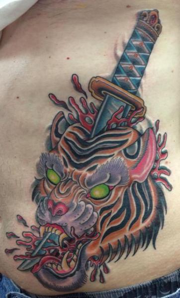 Side Rib Dagger And Tiger Head Tattoo