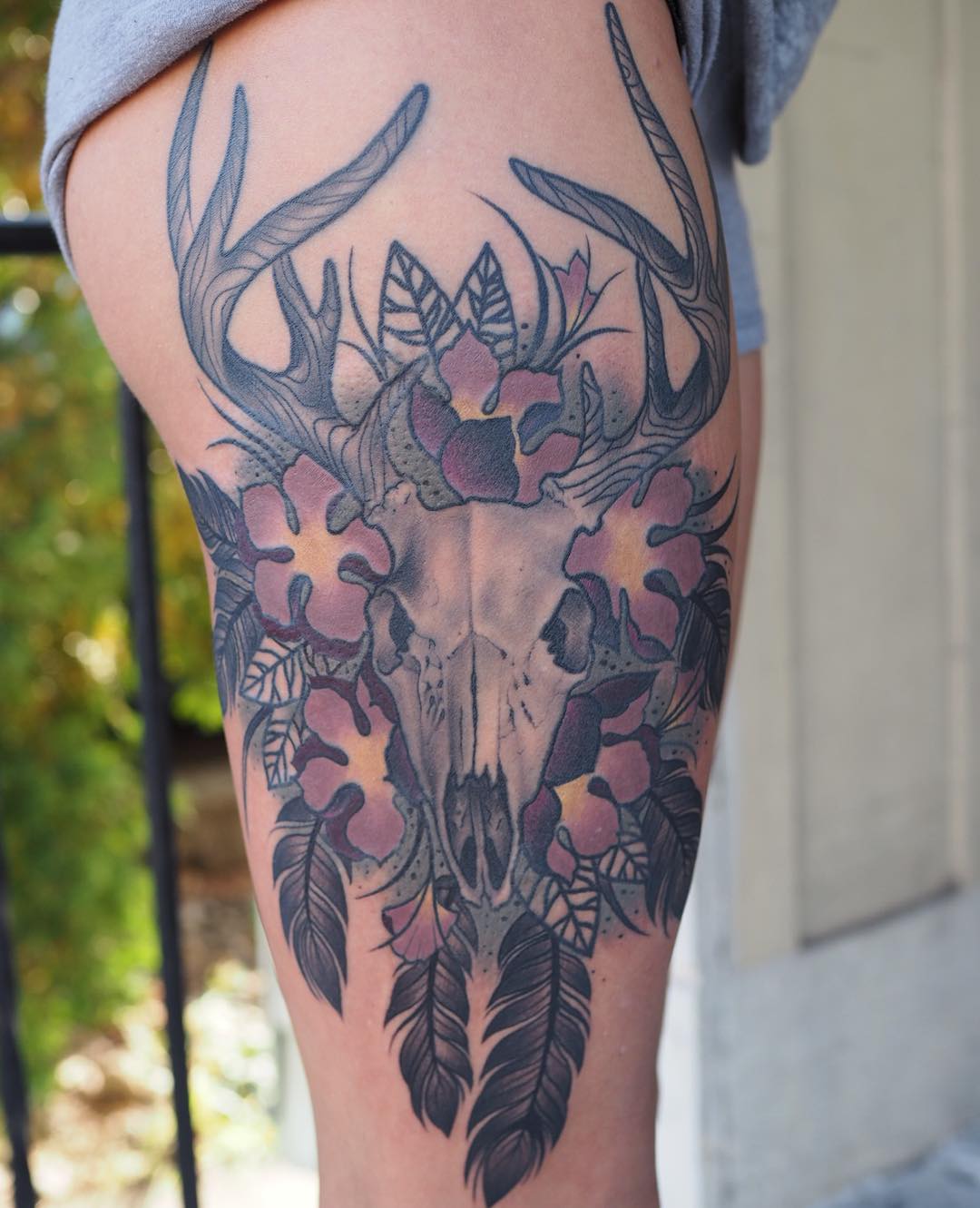 Side Thigh Native Deer Skull Tattoo