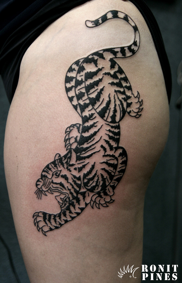 Side Thigh Tiger Tattoo by Ronit Pines