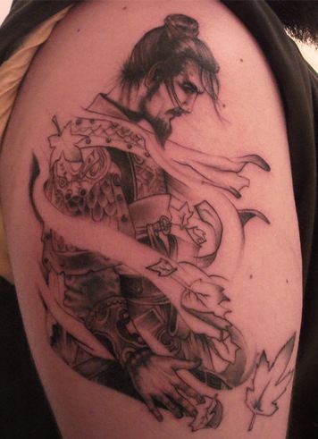 Simple Black And Grey Samurai With Leaves Tattoo On Right Half Sleeve