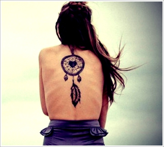 Simple Dreamcatcher Tattoo On Girl Back Body