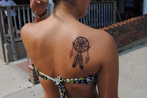 Simple Dreamcatcher Tattoo On Girl Right Back Shoulder