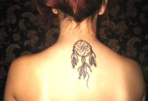 Simple Dreamcatcher Tattoo On Upper Back For Girls