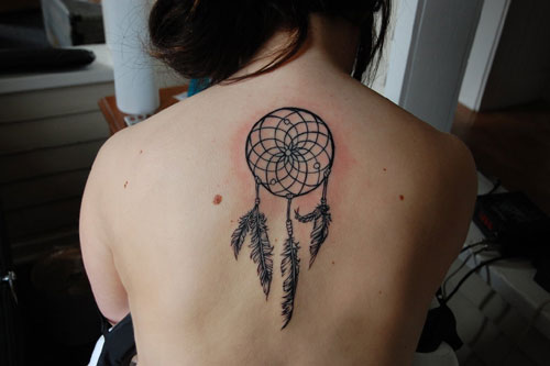 Simple Dreamcatcher Tattoo On Upper Back