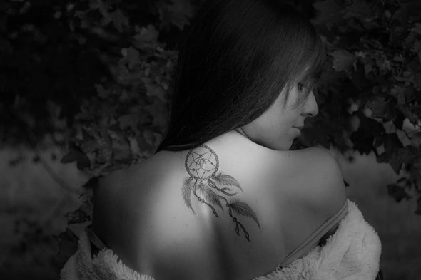 Simple Dreamcatcher Upper Back Tattoo For Girls