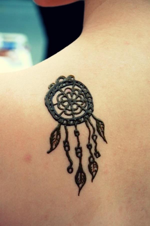 Simple Henna Dreamcatcher Tattoo On Left Back Shoulder