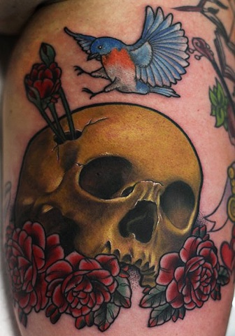 Skull With Flying Bird And Roses Tattoo On Leg Calf
