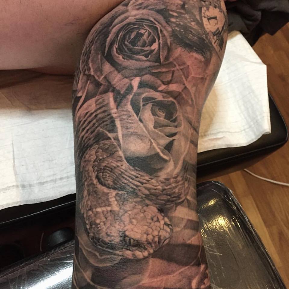 Snake With Roses Tattoo Design For Half Sleeve