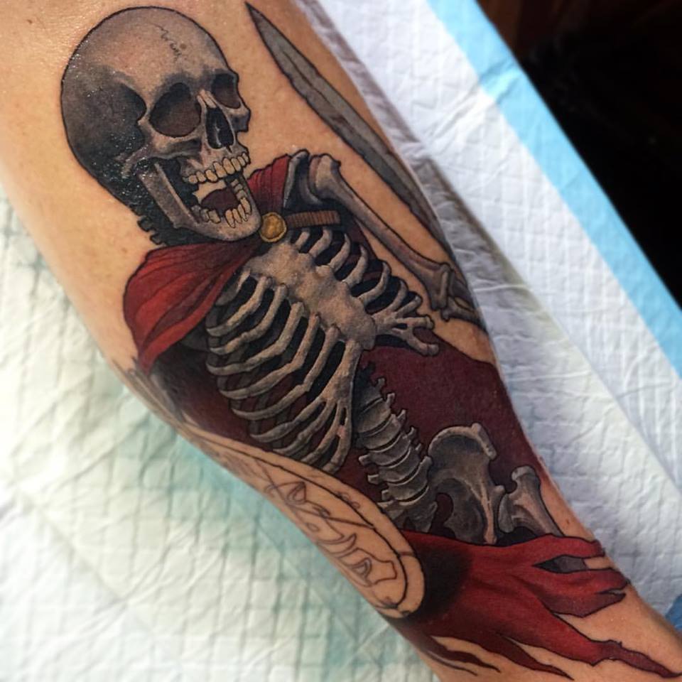 Spartan Skeleton Tattoo On Leg By Crispy Lennox