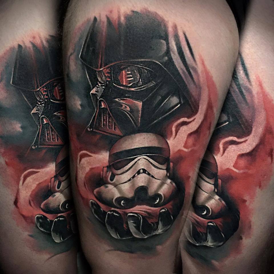 Star Wars Darth Vader With Stormtrooper Head Tattoo Design For Thigh By Benjamin Laukis