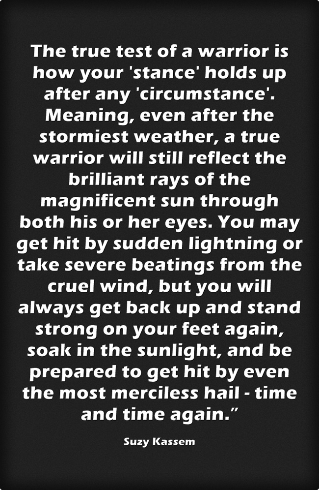 The true test of a warrior is how your 'stance' holds up after any 'circumstance'. Meaning, even after the stormiest weather, a true warrior will still reflect the ... Suzy Kassem