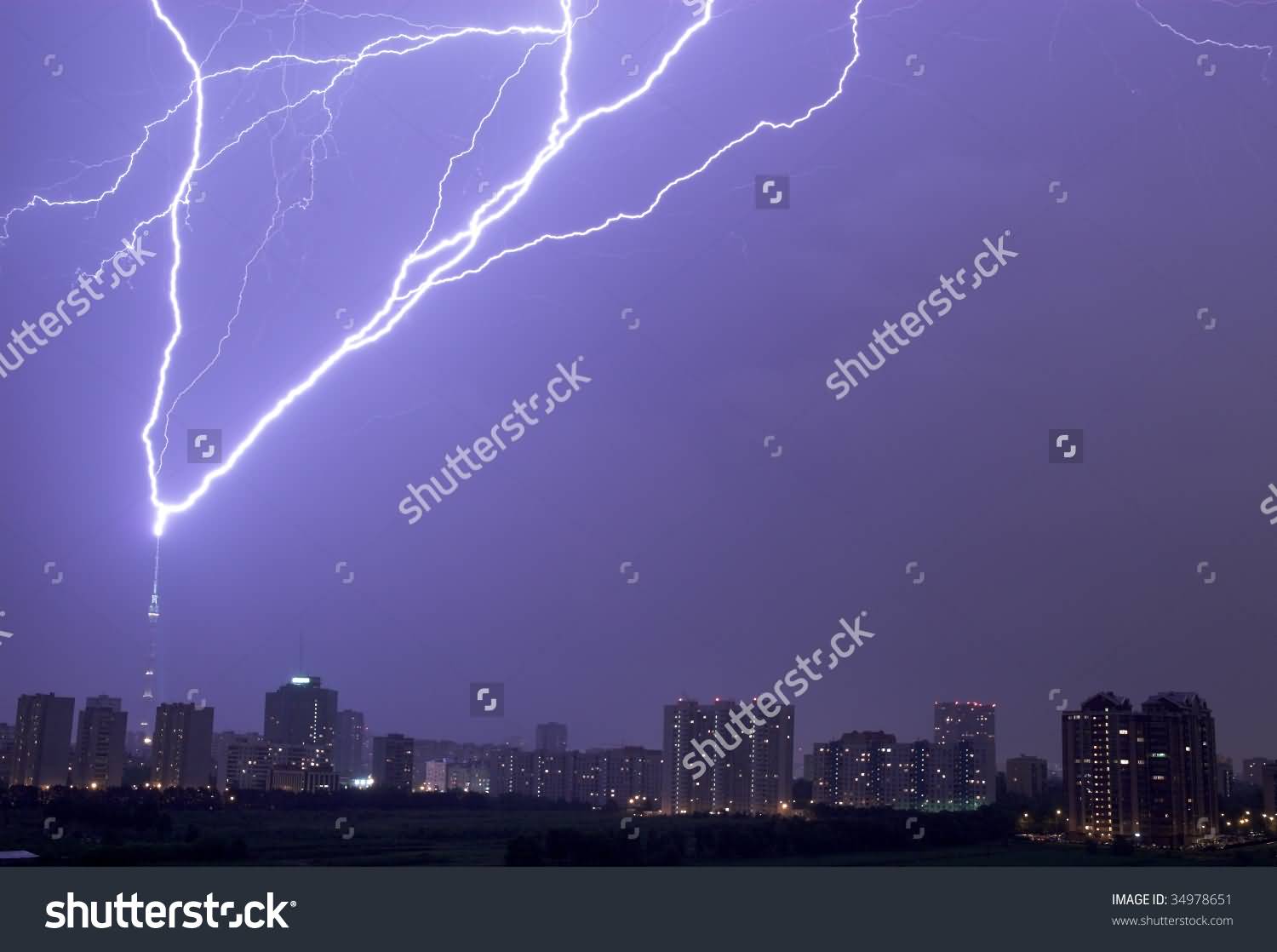 Thunderbolt In Ostankino Tower At Night