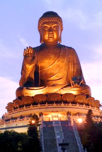 Tian Tan Buddha Statue Lit Up At Night