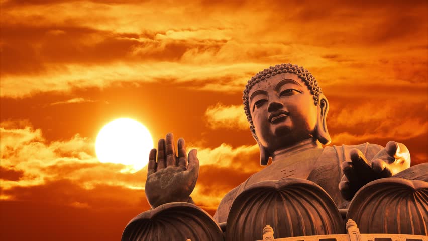 Tian Tan Buddha Statue Over Scenic Sunset Sky Background