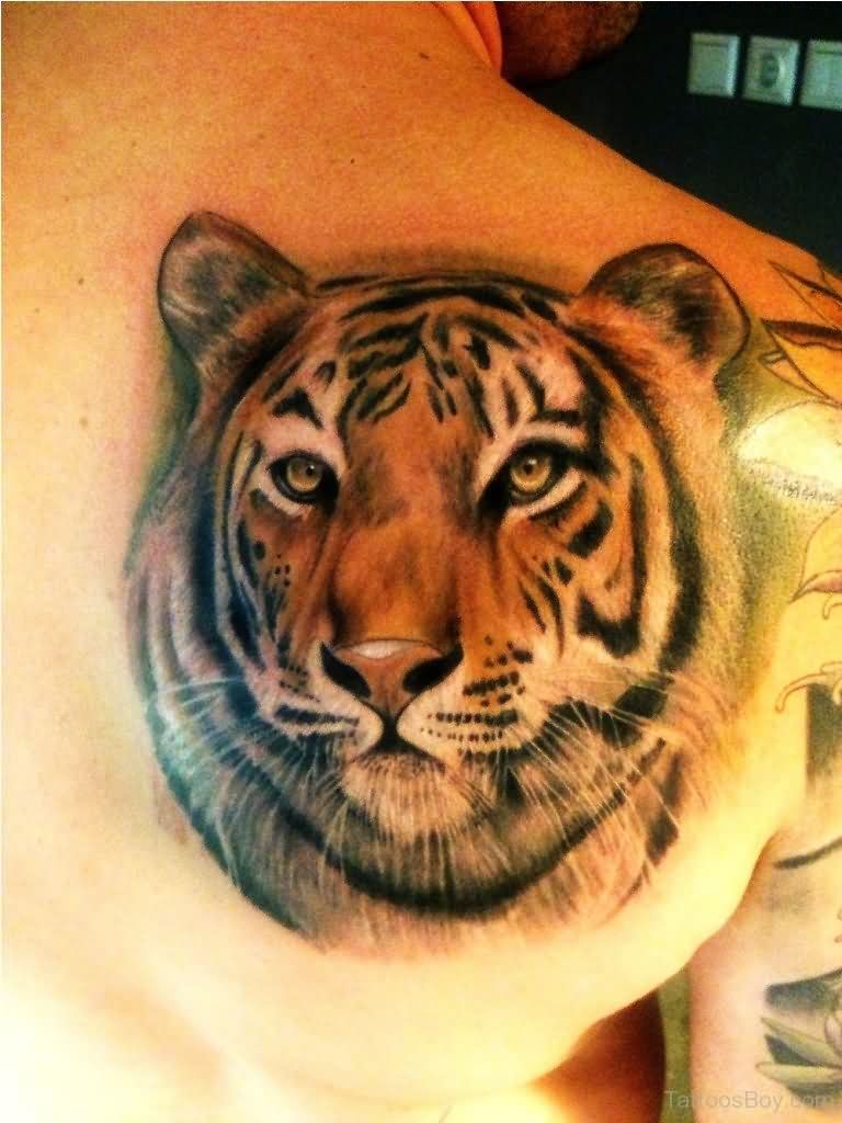 Tiger Face Back Shoulder Tattoo For Men