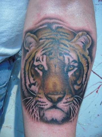 Tiger Face Tattoo On Left Arm