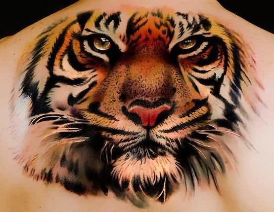 Tiger Face Tattoo On Upper Back