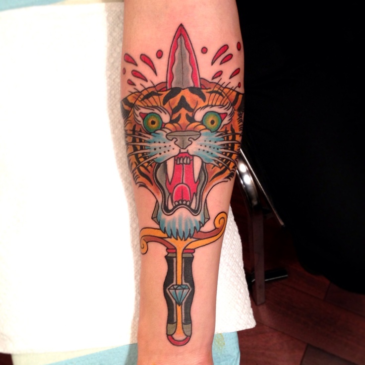 Tiger Head And Dagger Tattoo On Arm