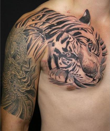 Tiger Head Tattoo On Chest For Men