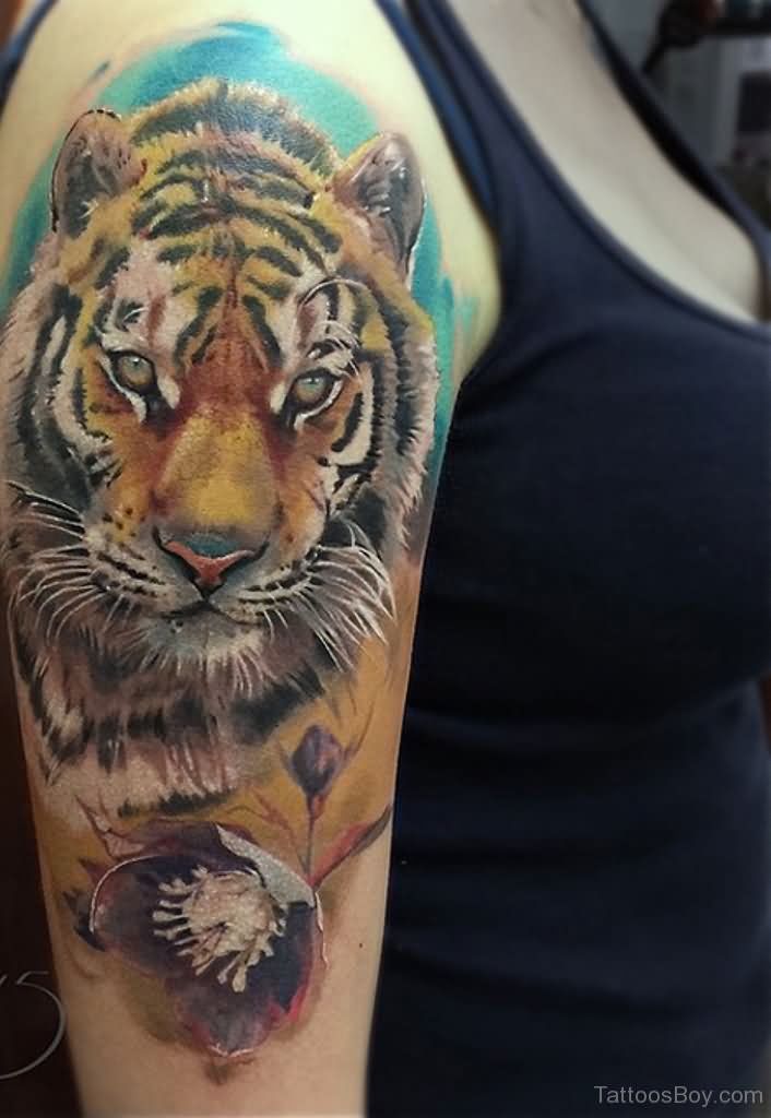 Tiger Head Tattoo On Girl Right Shoulder