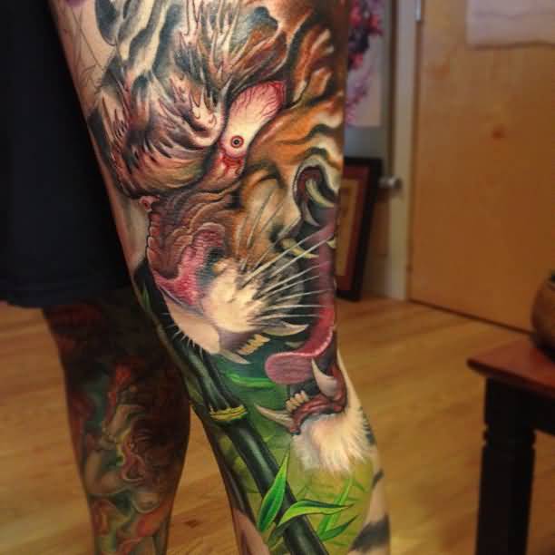 Tiger Head Tattoo On Leg Sleeve