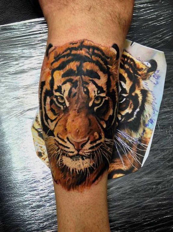 Tiger Head Tattoo On Man Side Leg