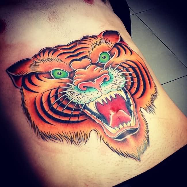 Tiger Head Tattoo On Stomach For Men