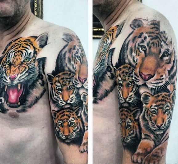 Tiger Tattoo On Chest And Left Half Sleeve