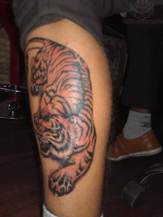 Tiger Tattoo On Man Left Leg