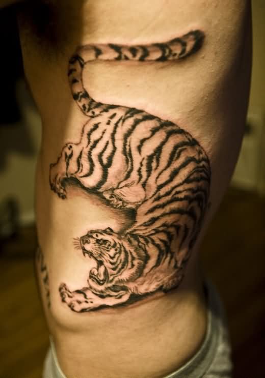 Tiger Tattoo On Man Left Side Rib