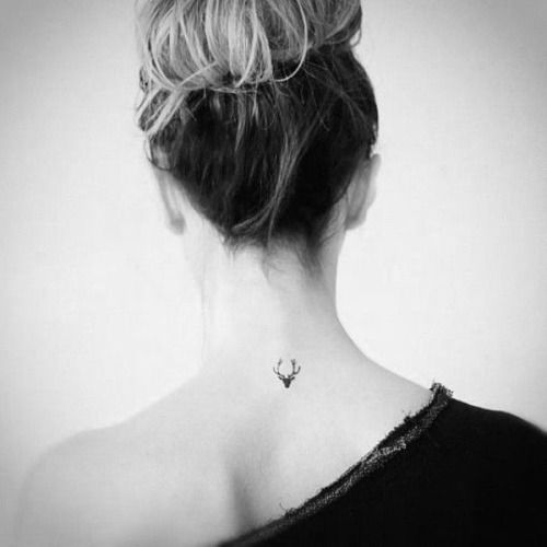 Tiny Deer Head Tattoo On Upper Back For Women