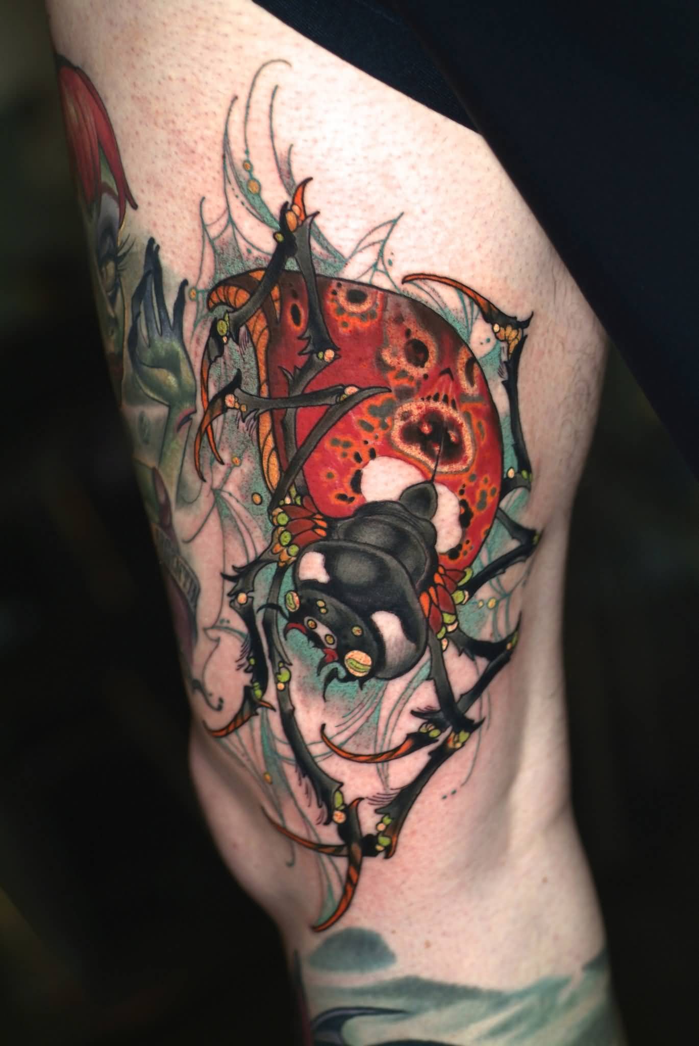 Traditional Beetle Tattoo On Right Thigh