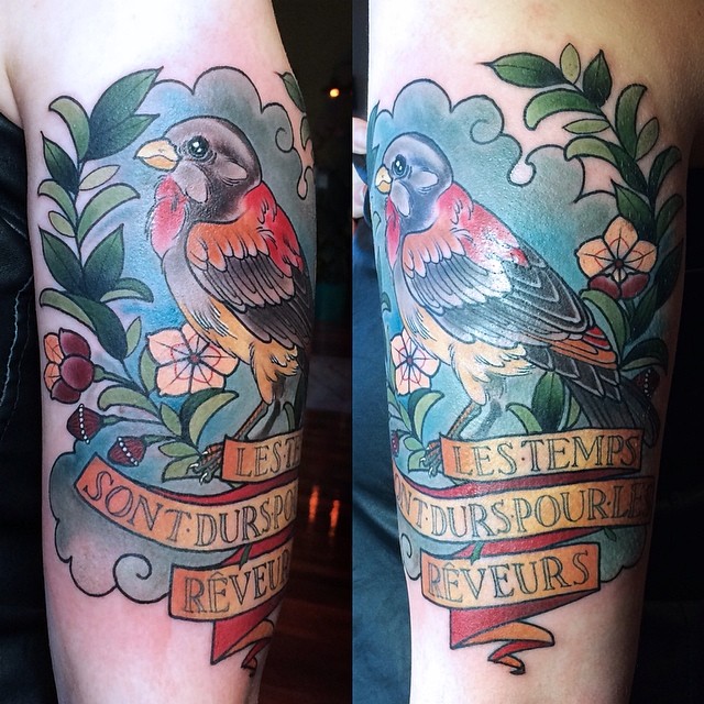 Traditional Bird With Banner Tattoo Design For Half Sleeve By Kitty Dearest