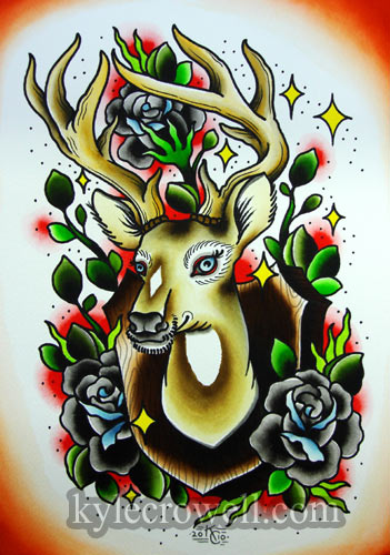 Traditional Black Roses And Deer Tattoo Design